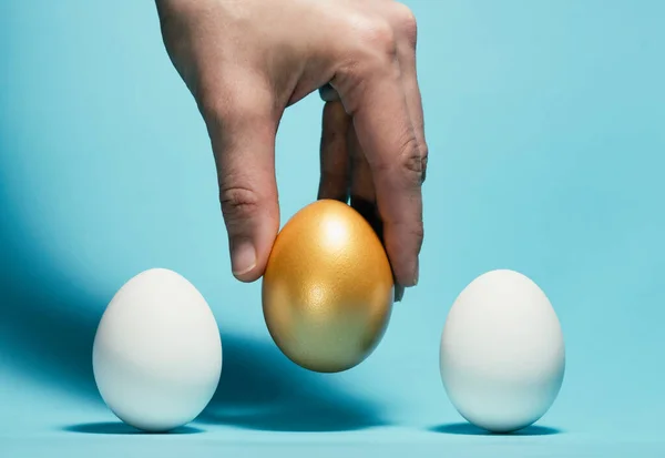 手は白い卵の中から黄金の卵を選択します — ストック写真