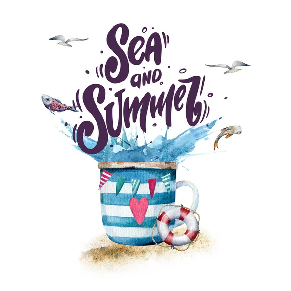 Море Лето Акварельная Иллюстрация Полосатой Чашки Песке Брызгами Воды Спасательным — стоковое фото