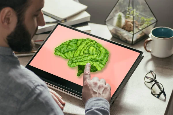 Ένας Άνθρωπος Αγγίζει Έναν Εγκέφαλο Μια Οθόνη Φορητού Υπολογιστή Online — Φωτογραφία Αρχείου