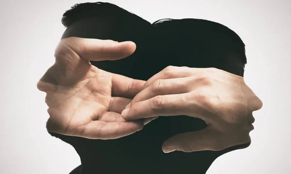 Multi Exposición Con Silueta Hombre Mujer Manos Momento Separación — Foto de Stock