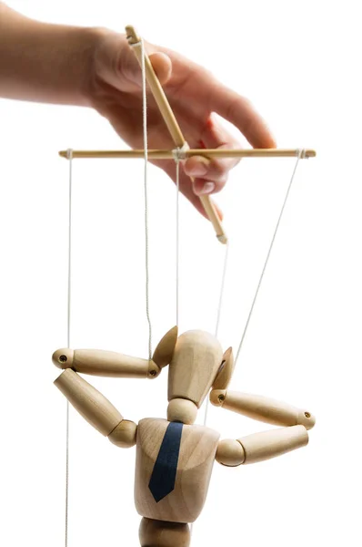 Människans Hand Med Marionett Strängarna Begreppet Kontroll Vitt — Stockfoto