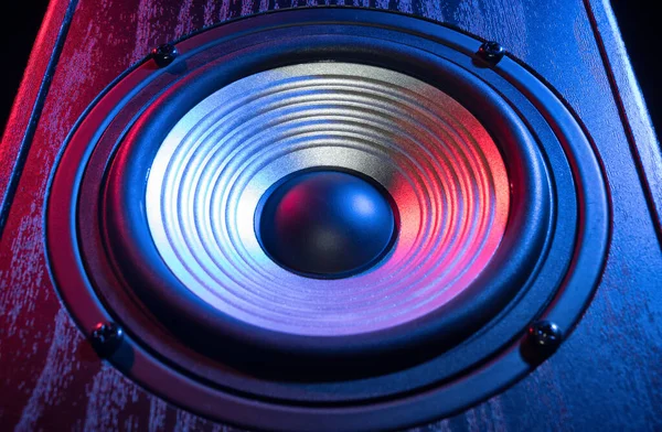 Szczegóły Głośnika Dźwiękowego Neonowym Świetle Czarno Zbliżenie — Zdjęcie stockowe