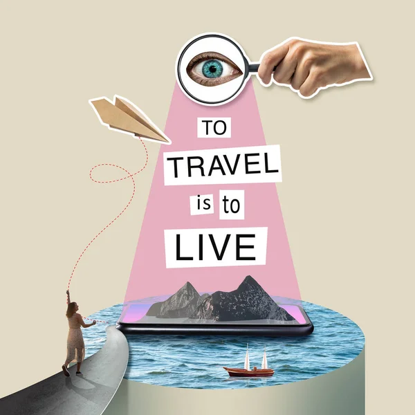 Reisen Heißt Leben Kreative Collage Zum Thema Reisen Aktives Freizeitkonzept — Stockfoto