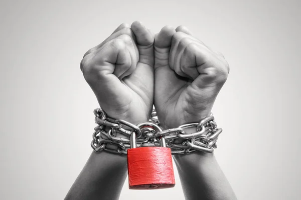 Human Hands Linked Chain Red Padlock Black White Trafficking Slavery —  Fotos de Stock