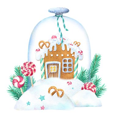 Zencefilli kurabiye evi, cam kubbe, kar yığınları ve şekerlerle suluboya Noel sahnesi