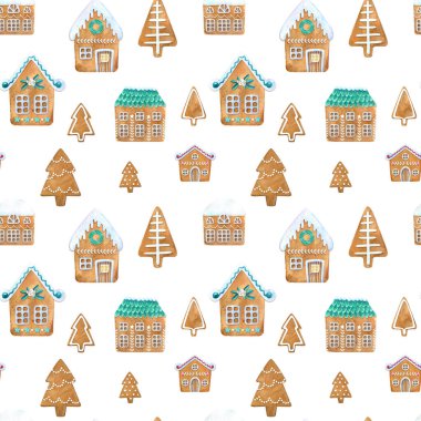 Suluboya zencefilli ekmek evleri ve ağaçlardan Noel 'in kusursuz deseni