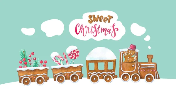 Sweet Christmas Watercolor Gingerbread Train — Stock Photo, Image