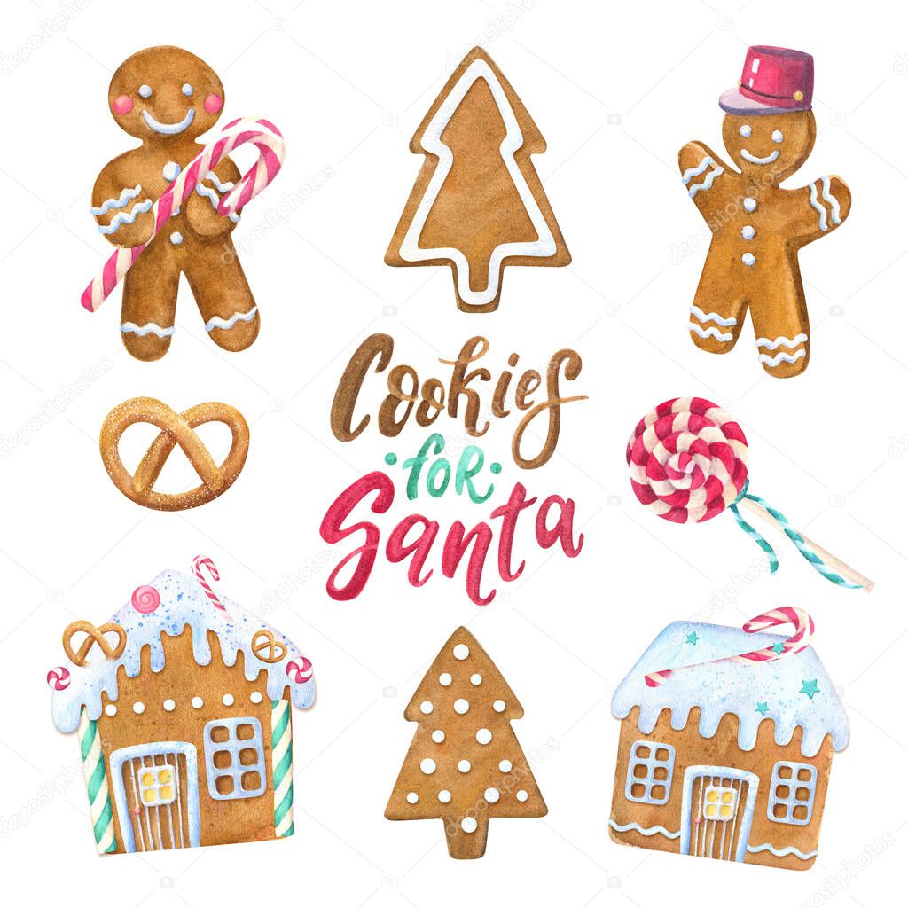 Cookies for Santa. Christmas set from watercolor gingerbreads