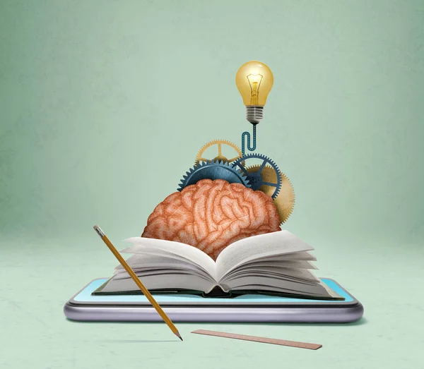 Collage Arte Con Smartphone Libro Aperto Cervello Ingranaggi Lampadina Educazione — Foto Stock