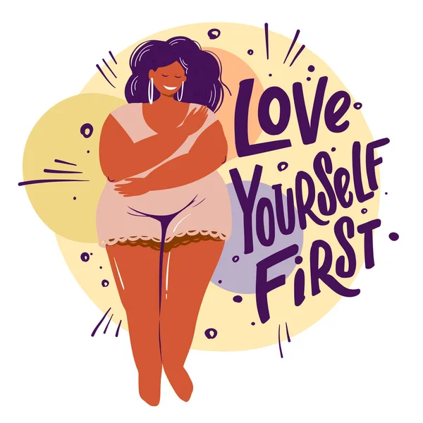 Love Yourself First Chubby Girl Hugs Herself Vector Illustration Body — Stock Vector