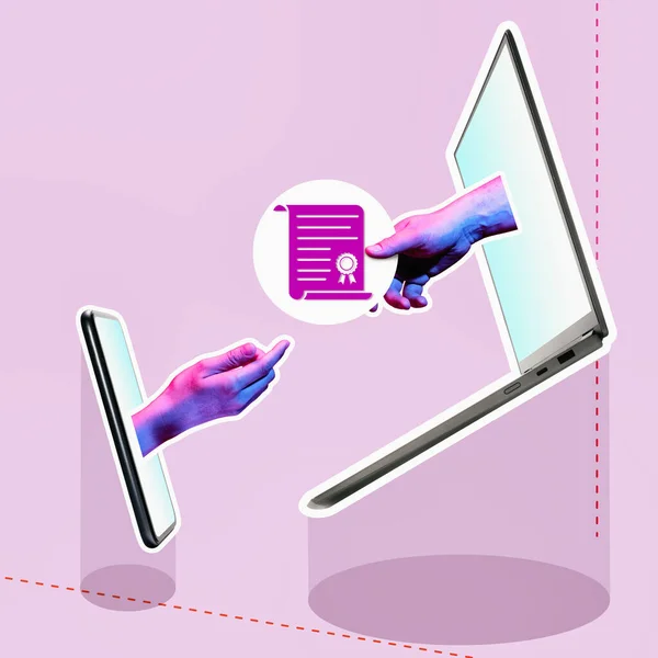 Conceito Educação Online Colagem Abstrata Com Laptop Smartphone Mãos Humanas — Fotografia de Stock
