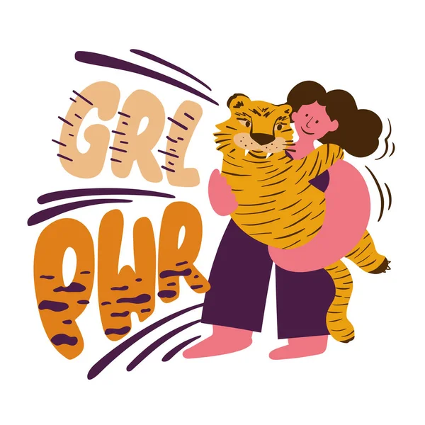 Mujer Sosteniendo Tigre Sus Brazos Símbolo Del Nuevo 2022 Mujer — Archivo Imágenes Vectoriales