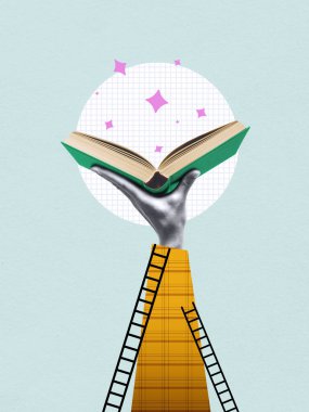 Üzerinde iki uzun merdiven bulunan açık bir kitabı tutan bir insan elinin sanat kolajı. Bilgi, eğitim, öğrenme ve entelektüel büyüme kavramı.