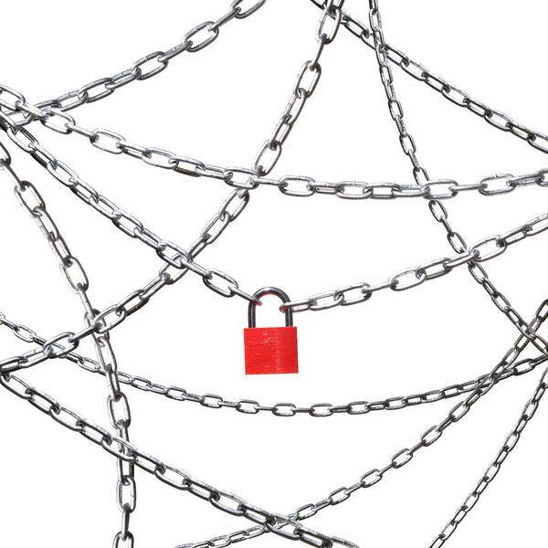 Chrome chains with red closed padlock on white background
