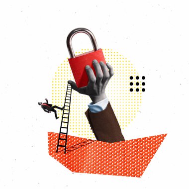 Yaratıcı kolaj. Kapalı bir asma kilit ve üzerine yaslanmış bir merdiven tutan bir adam..