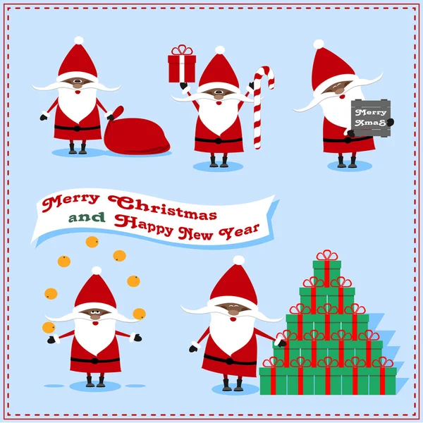 Set de Papá Noel Negro con Regalos, Naranjas, Caramelos, Regalos de Bolso — Vector de stock