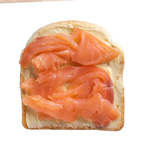Rostat Bröd Med Smör Och Lax Vit Bakgrund — Stockfoto