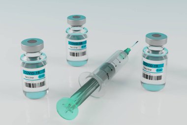 Üç adet Covid-19 Coronavirus aşısı şişesi ve şırınga beyaz bir masa üzerinde. Üç boyutlu çizim. Kopyalama alanı olan. Seçici odak.