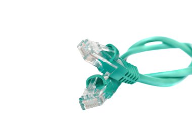 Beyaz arkaplanda yeşil bilgisayar ethernet kablosu izole edildi.