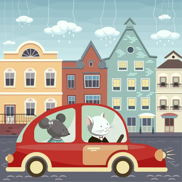 Katz und Maus im roten Auto — Stockvektor