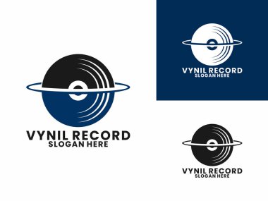Planet record logo design. Planet audio logo icon. Black disc with planet logo design vector template