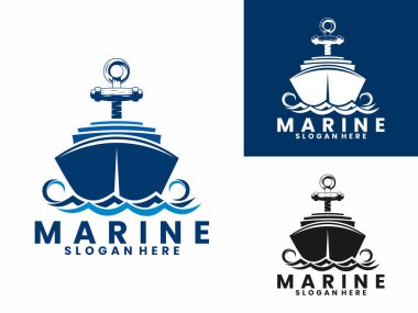 Gemi ve çapa vektör kombinasyonlu deniz logosu. Deniz logosu tasarım şablonu