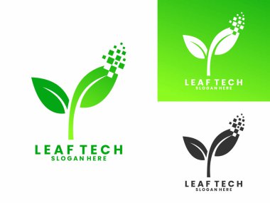 Yaprak teknolojisi piksel logo tasarım vektör şablonu. Doğa dijital teknoloji logosu tasarımı