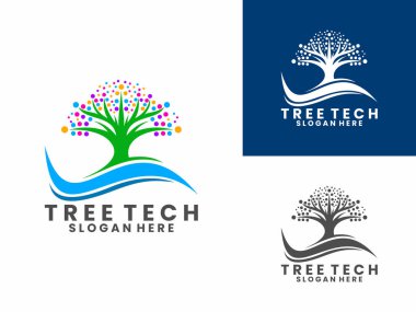 Dalganın logo tasarım şablonu olan ağaç teknolojisi nokta yaprağı. Yaratıcı teknoloji logo tasarımı