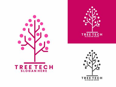 Ağaç teknolojisi dijital illüstrasyon logo tasarım vektör şablonu. Teknoloji ağacı ağ logo tasarımı simgesi
