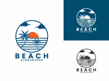 Daireli sahil, günbatımı ve palmiye logosu tasarımı vektörü. Plaj logo tasarım vektör şablonu