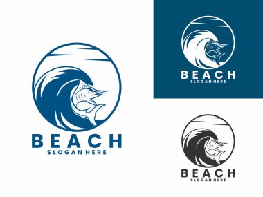 Dalgalarda zıplayan deniz balığı logosu tasarım vektörü. Okyanus logosu tasarım vektör şablonu