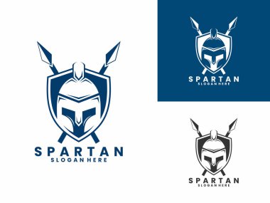 Kalkanı ve mızrak logosu tasarım şablonu olan Spartalı bir savaşçı. Sparta logo tasarım vektörü
