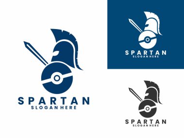 Spartalı savaşçı kalkan ve kılıç logosu tasarım vektörü tutuyor. Sparta logo tasarım vektör şablonu
