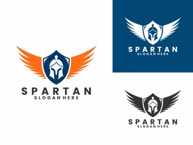 Kalkanı ve kanat logosu tasarımı olan Sparta miğferi. Vintage Sparta logo tasarım vektör şablonu