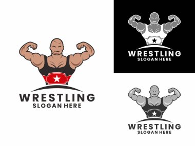 Büyük kaslı güreşçi şampiyon logo tasarım vektörünü kazandı