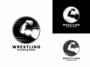 Çember logo tasarım şablonu olan kaslı güreşçi