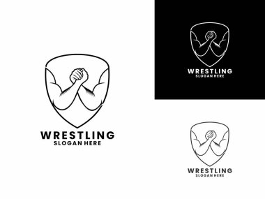 Güreşçi elinde kalkan logosu tasarımı vektör şablonu, Güreş Kulübü spor logosu tasarım vektörü