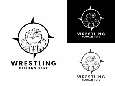 Güreşçi eli pusula logo tasarım vektör şablonu, Güreş şampiyonları kulüp logo tasarım vektör simgesi