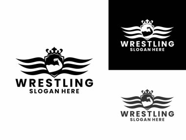 Güreşçi kral kalkanı ve kanat tasarım vektör şablonu, kalkan, soyut kanatlar ve taç kombinasyonu ile güreş kulübü sporu