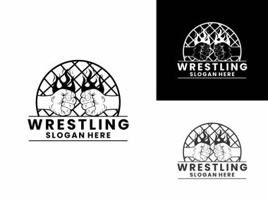 Güreşçi eli ateş ve daire şeklinde logo tasarım vektör şablonu, Güreşen ateş logo tasarım ikonu