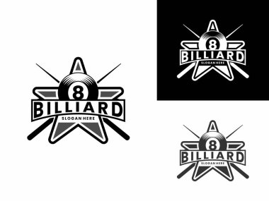 Yıldız logosu tasarım vektörüyle bilardo topu kombinasyonu. Vintage Bilardo Tüm yıldız tasarım şablonu