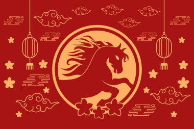 Çin Yeni Yıl arkaplanı illüstrasyonu. At geçmişi yılı. Ateş Atı Çin Yeni Yıl geçmişi