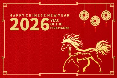 Zarif Mutlu Çin Yeni Yılı 2026. Altın at çizgisi, Çin parası ve kırmızı arka planda soyut süs deseni.