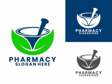 Yeşil bitkisel bitki logo tasarım şablonu olan havan topu. Basit eczane logo tasarım vektörü.