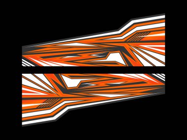 Bu soyut vektör grafiği turuncu, beyaz ve koyu gri renkte keskin geometrik şekiller kullanan dinamik bir yarış çizgisi tasarımı içerir, siyah bir arkaplan üzerinde, araç üniforması veya spor markaları için mükemmeldir..