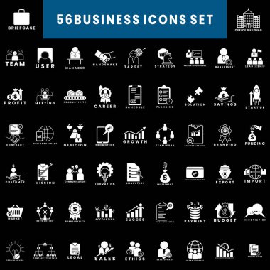Bu, sunumlar veya web arayüzleri için uygun, finans, strateji, yönetim, büyüme ve takım çalışması dahil olmak üzere kilit iş kavramlarını temsil eden 56 adet modern siyah ve beyaz vektör ikonundan oluşan büyük bir koleksiyondur..