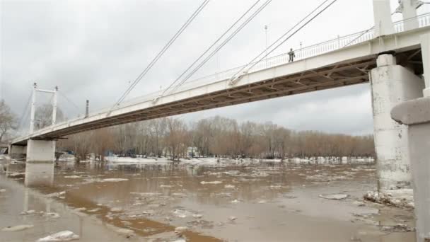 Río de manantial con agua marrón sucia y hielo. flotante de hielo y puente — Vídeos de Stock