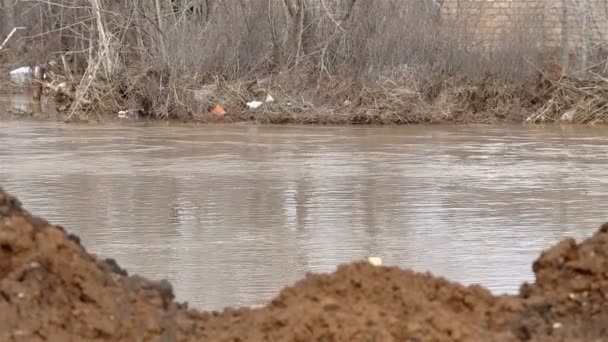 Acqua sporca del fiume marrone e spazzatura — Video Stock