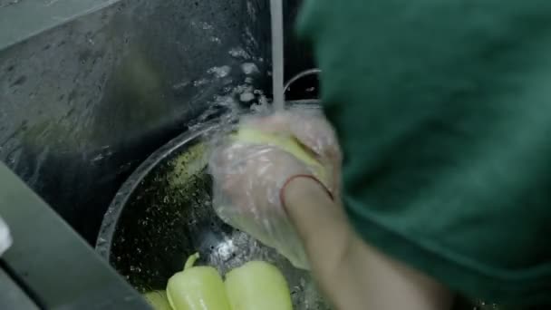 Zblízka střílel mytí čerstvý zelený pepř — Stock video