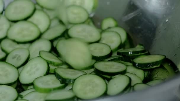 Close up shot slice green fresh cucumber — Stock Video